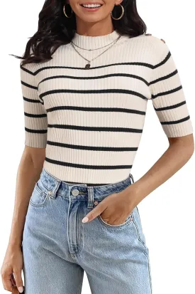 PrettyGuide Women's Short Sleeve Sweater Tops Mock Neck with Button Pullover Slim Fit Casual Business Knit Basic Top