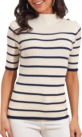 PrettyGuide Women's Short Sleeve Sweater Tops Mock Neck with Button Pullover Slim Fit Casual Business Knit Basic Top