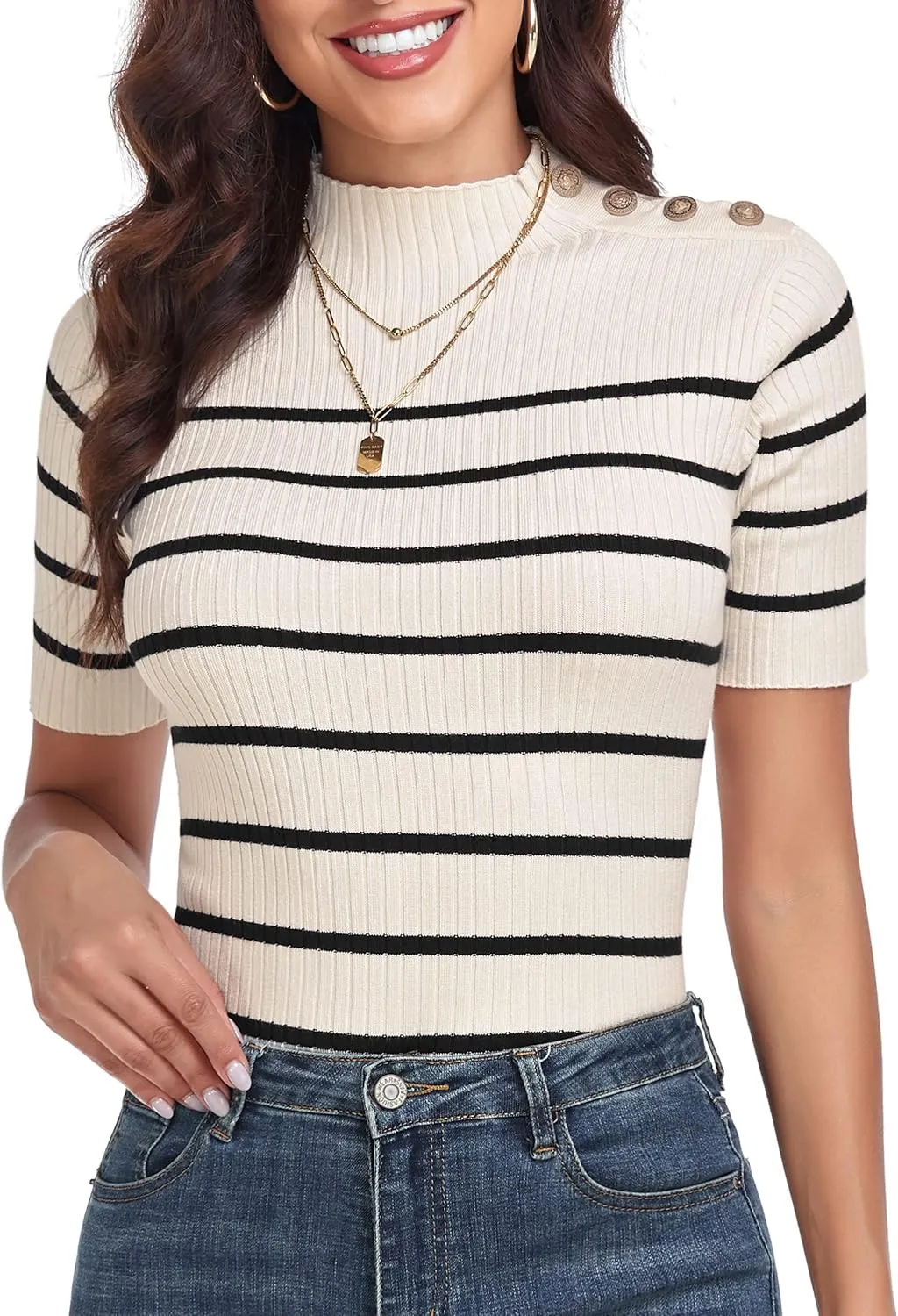 PrettyGuide Women's Short Sleeve Sweater Tops Mock Neck with Button Pullover Slim Fit Casual Business Knit Basic Top