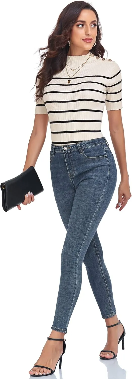 PrettyGuide Women's Short Sleeve Sweater Tops Mock Neck with Button Pullover Slim Fit Casual Business Knit Basic Top
