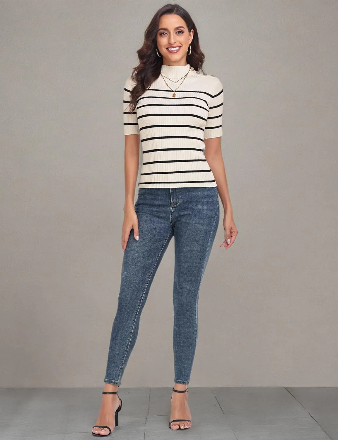 PrettyGuide Women's Short Sleeve Sweater Tops Mock Neck with Button Pullover Slim Fit Casual Business Knit Basic Top