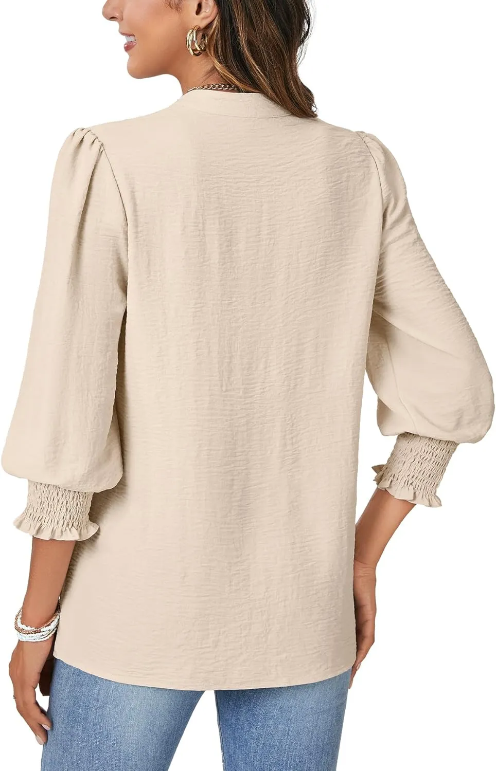 Rooscier Women's Self Tie Neck Shirred Ruffle 3/4 Puff Sleeve Cute Blouse Shirt Top