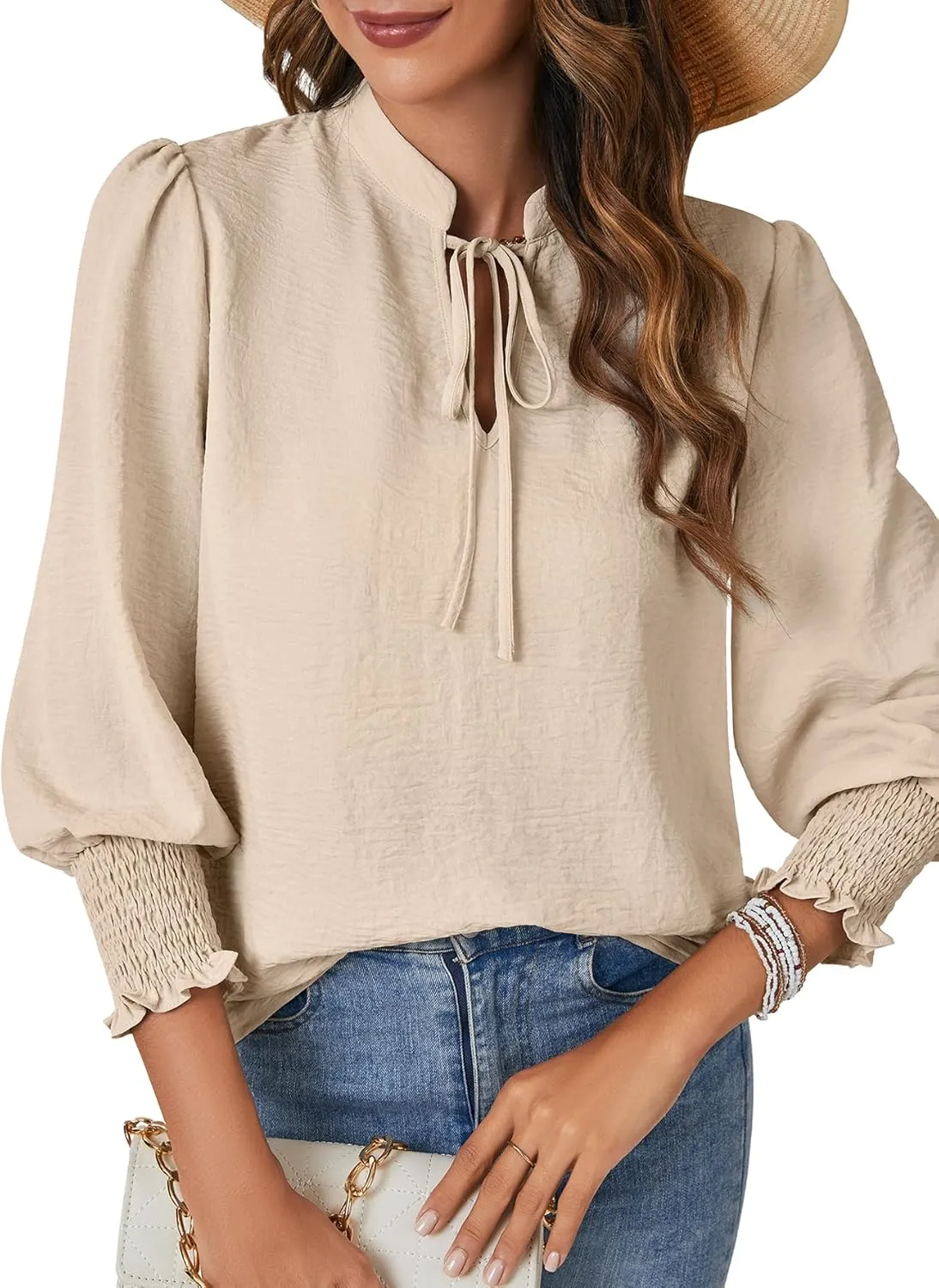 Rooscier Women's Self Tie Neck Shirred Ruffle 3/4 Puff Sleeve Cute Blouse Shirt Top