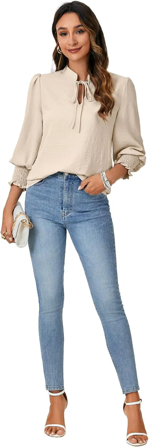 Rooscier Women's Self Tie Neck Shirred Ruffle 3/4 Puff Sleeve Cute Blouse Shirt Top