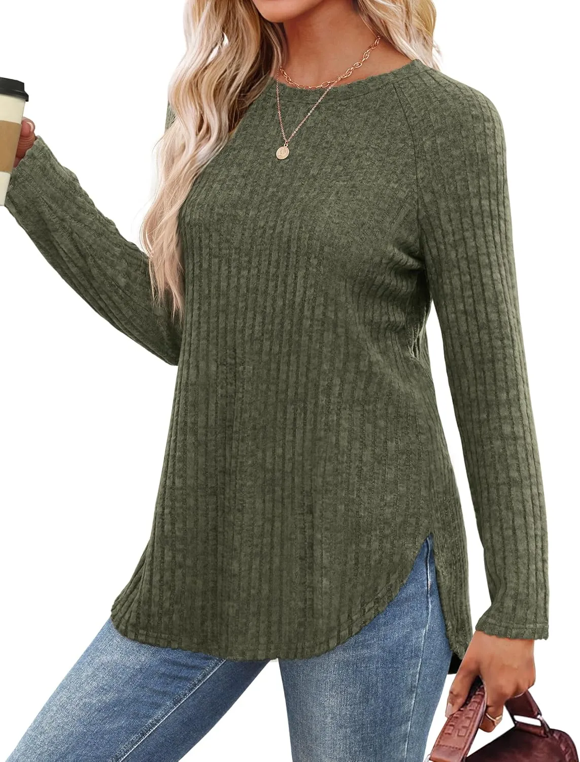 Saloogoe Long Sleeve Shirts for Women Tunic Tops for Women Loose Fit Dressy Crew Neck Pullover Basic Sweaters for Women 2024