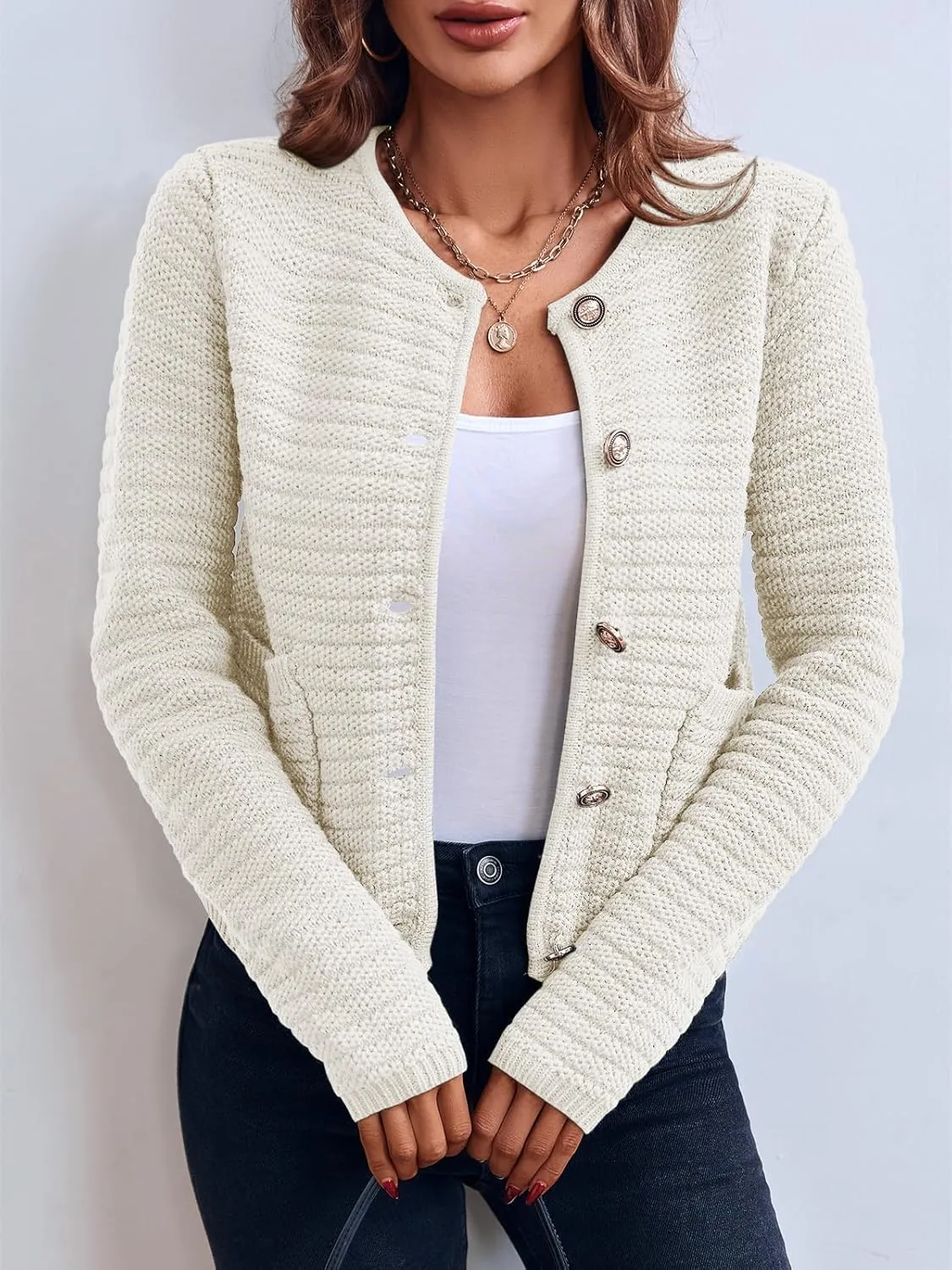 Saodimallsu Women's Cropped Cardigan Sweaters 2024 Fall Chunky Knit Open Front Button Down Long Sleeve Knitted Jacket