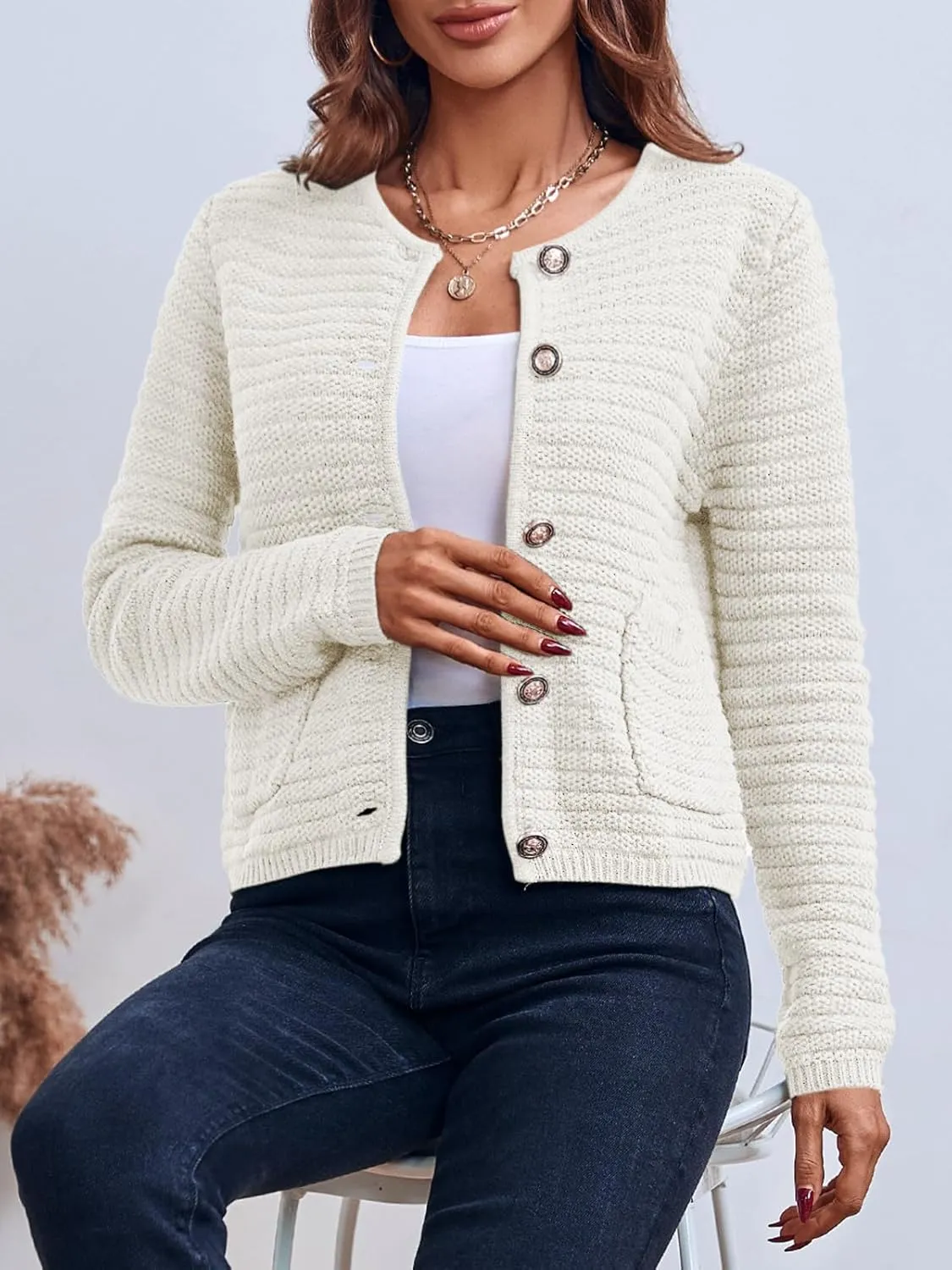Saodimallsu Women's Cropped Cardigan Sweaters 2024 Fall Chunky Knit Open Front Button Down Long Sleeve Knitted Jacket