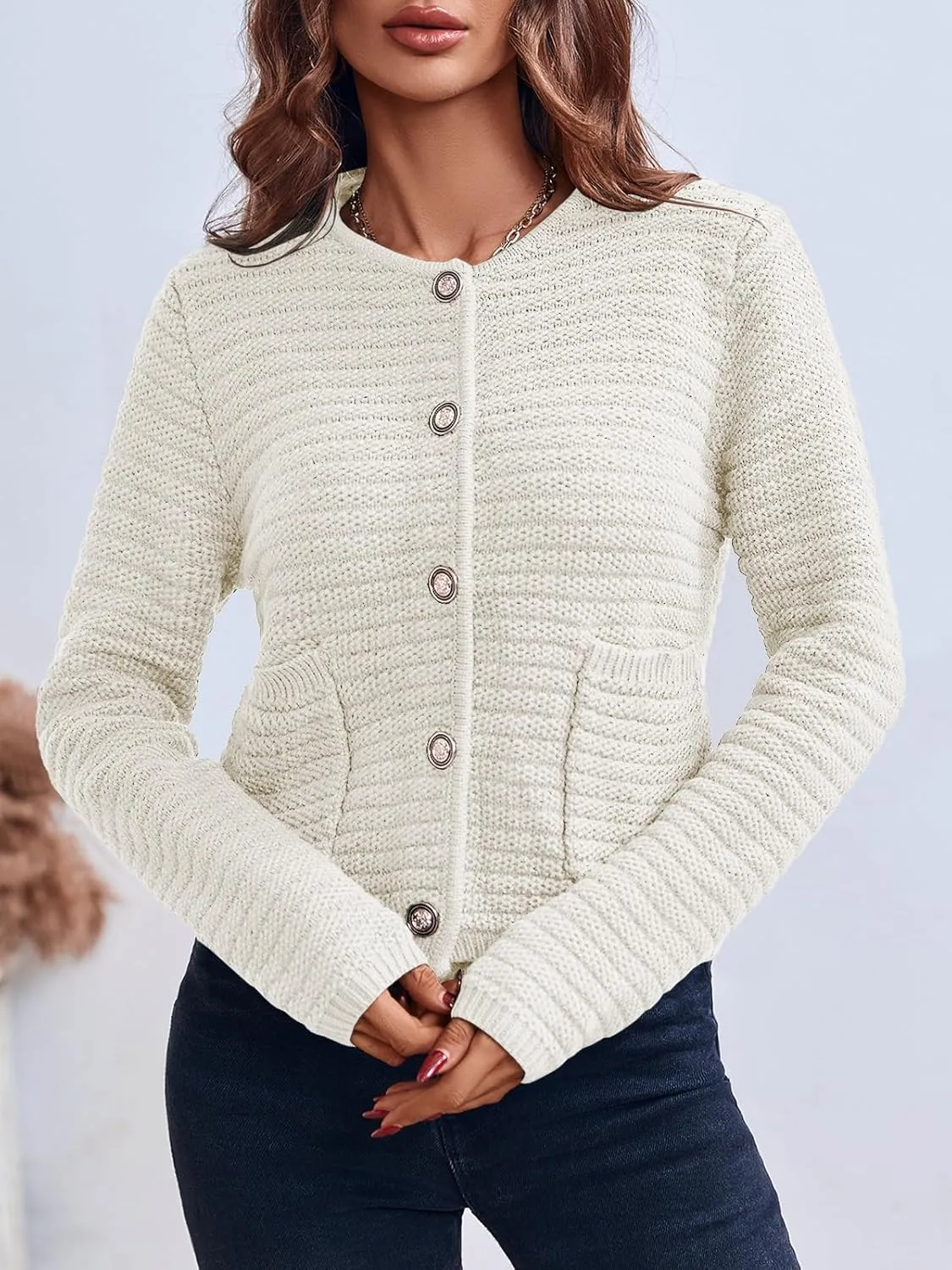 Saodimallsu Women's Cropped Cardigan Sweaters 2024 Fall Chunky Knit Open Front Button Down Long Sleeve Knitted Jacket