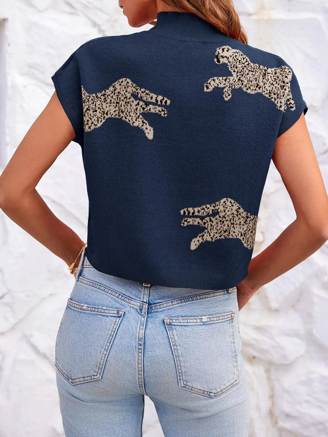 Saodimallsu Womens Mock Neck Sleeveless Sweater Vest Leopard Print Cap Sleeve Casual Loose Knit Crop Tops