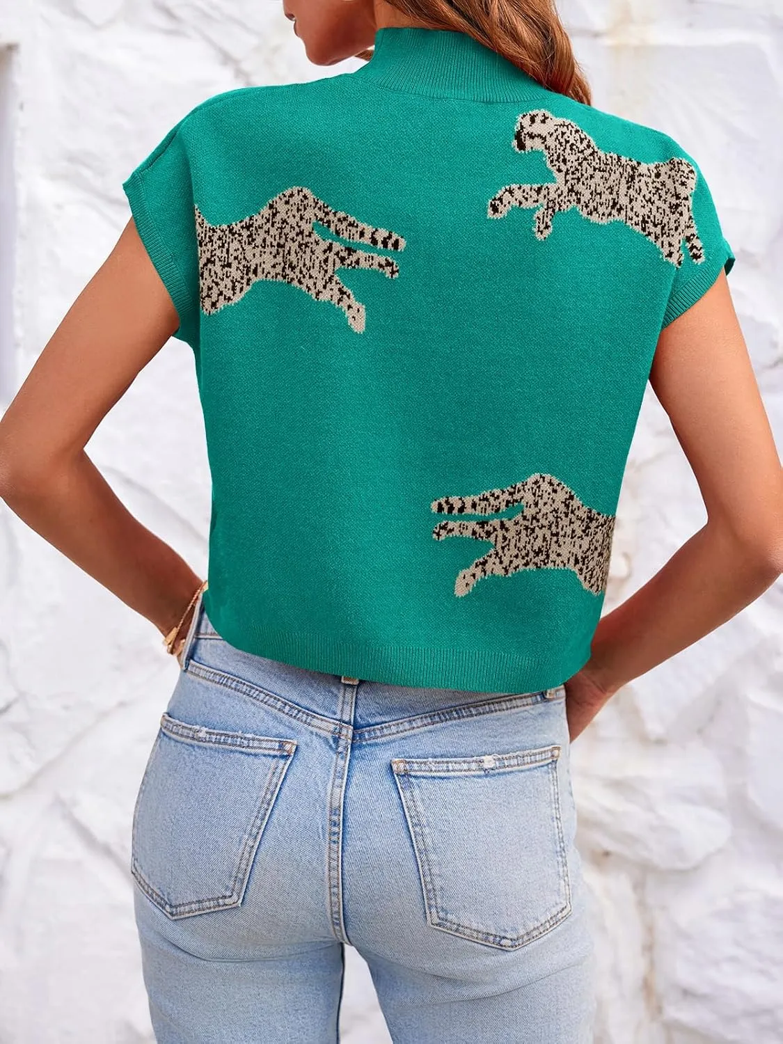Saodimallsu Womens Mock Neck Sleeveless Sweater Vest Leopard Print Cap Sleeve Casual Loose Knit Crop Tops