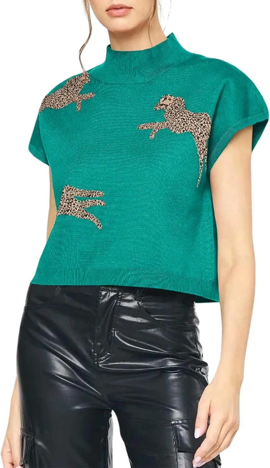Saodimallsu Womens Mock Neck Sleeveless Sweater Vest Leopard Print Cap Sleeve Casual Loose Knit Crop Tops