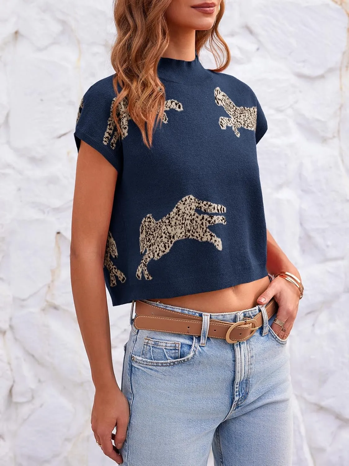 Saodimallsu Womens Mock Neck Sleeveless Sweater Vest Leopard Print Cap Sleeve Casual Loose Knit Crop Tops