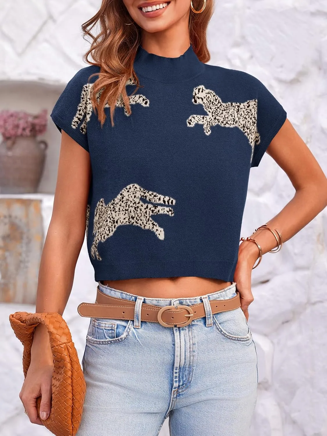 Saodimallsu Womens Mock Neck Sleeveless Sweater Vest Leopard Print Cap Sleeve Casual Loose Knit Crop Tops