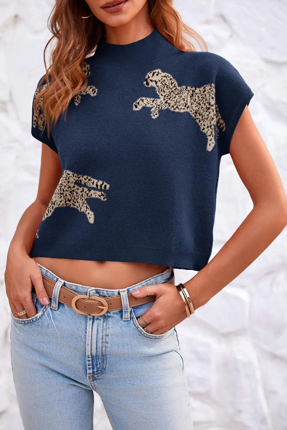 Saodimallsu Womens Mock Neck Sleeveless Sweater Vest Leopard Print Cap Sleeve Casual Loose Knit Crop Tops