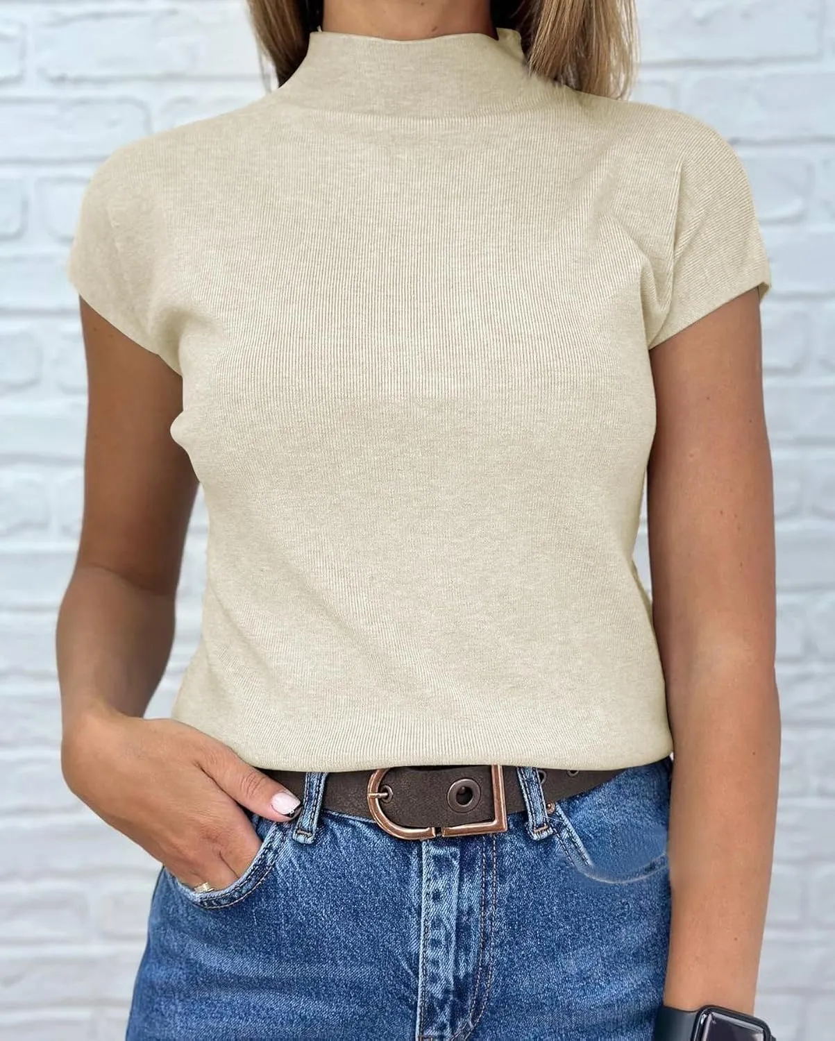 Saodimallsu Womens Short Sleeve Sweater Mock Neck Summer Casual Basic Knit Slim Fitted Pullover Tops Shirt