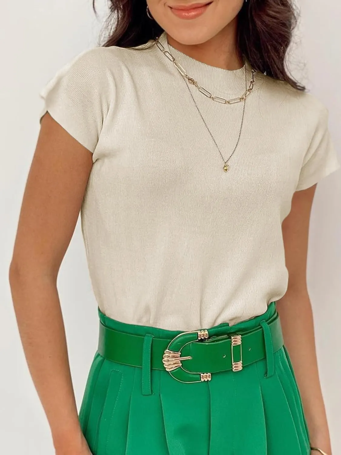 Saodimallsu Womens Short Sleeve Sweater Mock Neck Summer Casual Basic Knit Slim Fitted Pullover Tops Shirt
