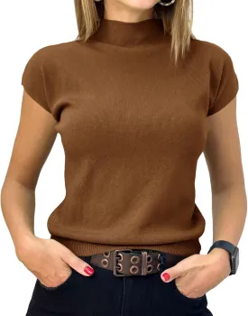 Saodimallsu Womens Short Sleeve Sweater Mock Neck Summer Casual Basic Knit Slim Fitted Pullover Tops Shirt