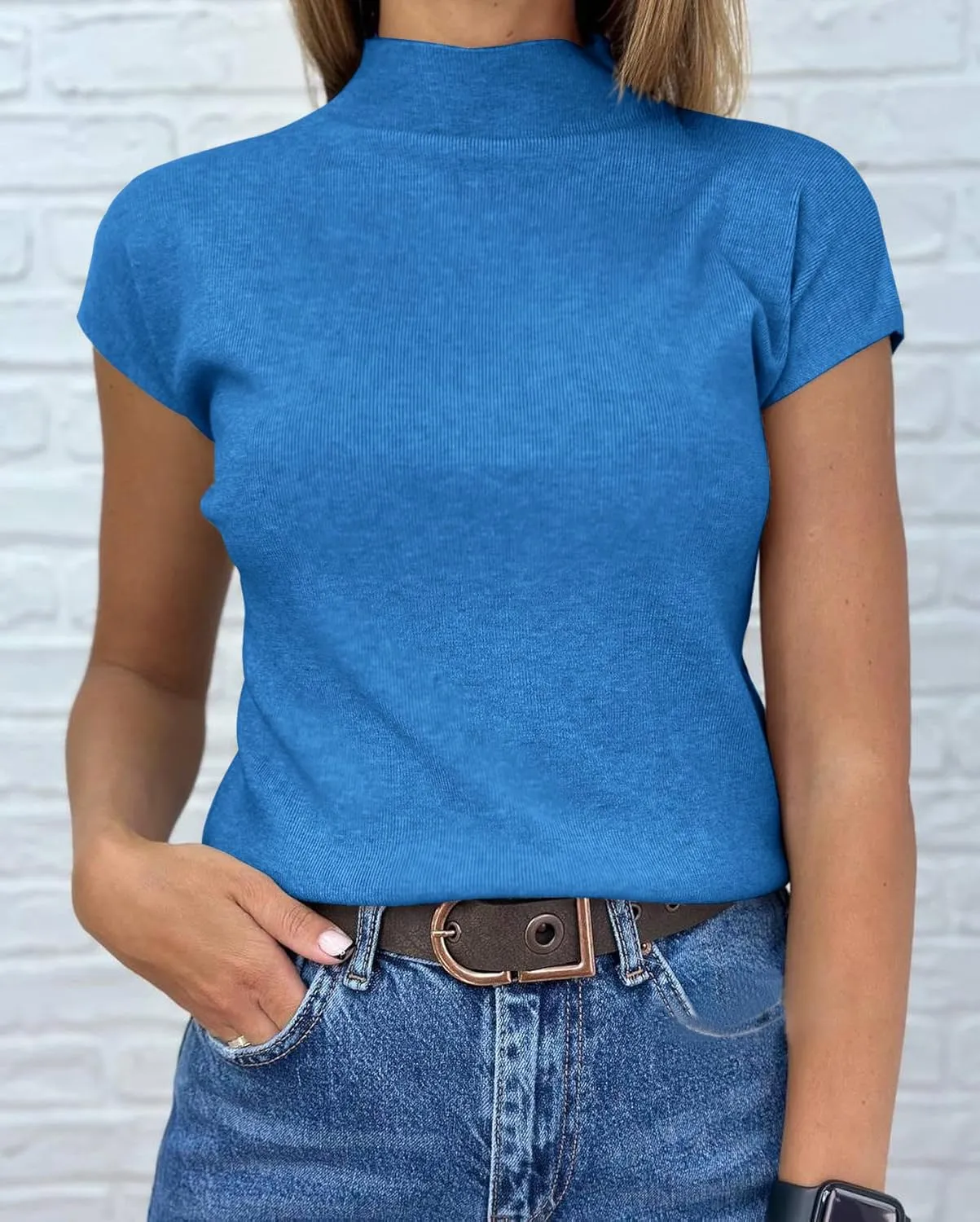 Saodimallsu Womens Short Sleeve Sweater Mock Neck Summer Casual Basic Knit Slim Fitted Pullover Tops Shirt