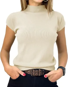 Saodimallsu Womens Short Sleeve Sweater Mock Neck Summer Casual Basic Knit Slim Fitted Pullover Tops Shirt