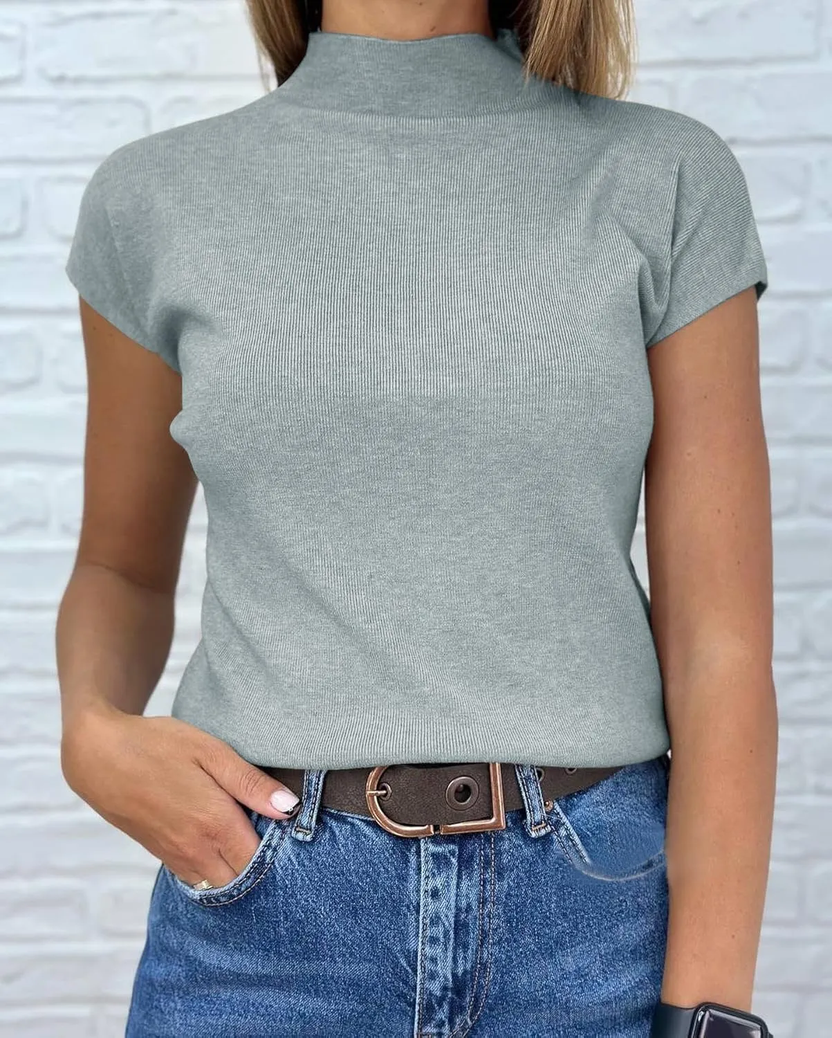 Saodimallsu Womens Short Sleeve Sweater Mock Neck Summer Casual Basic Knit Slim Fitted Pullover Tops Shirt