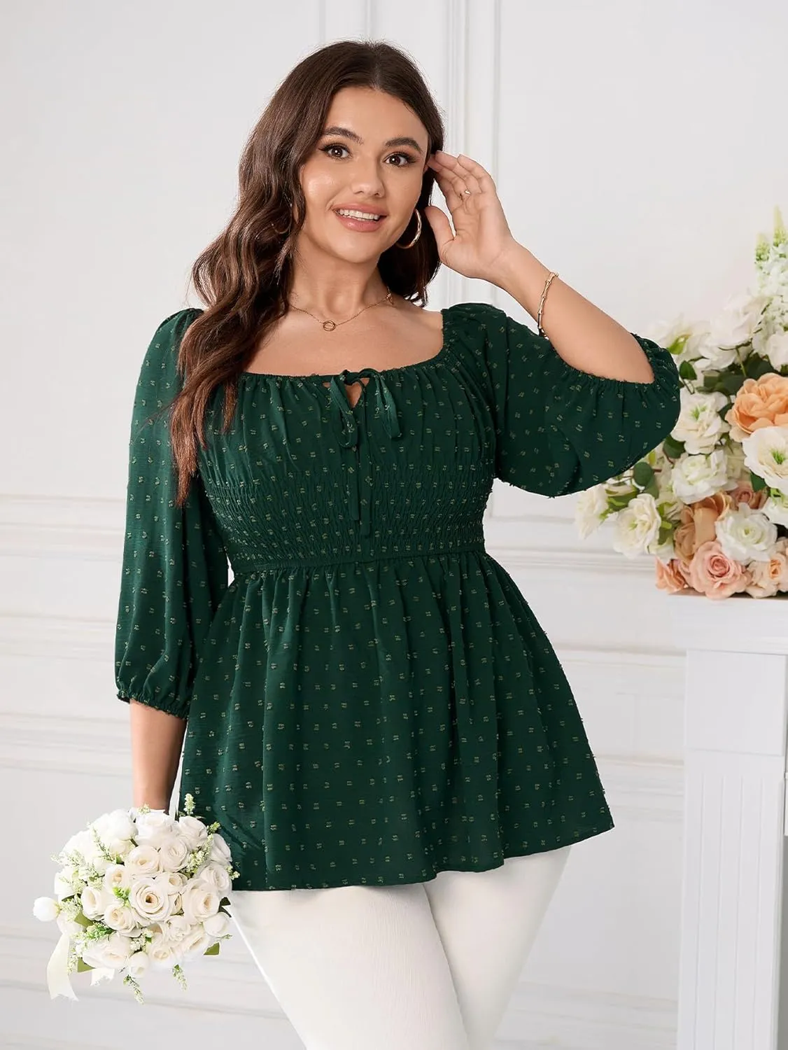 SCOMCHIC Women's Plus Size Blouse Summer Peplum Tops 3/4 Sleeve Square Neck Swiss Dot Casual Blouses Babydoll Top Shirts
