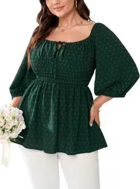 SCOMCHIC Women's Plus Size Blouse Summer Peplum Tops 3/4 Sleeve Square Neck Swiss Dot Casual Blouses Babydoll Top Shirts