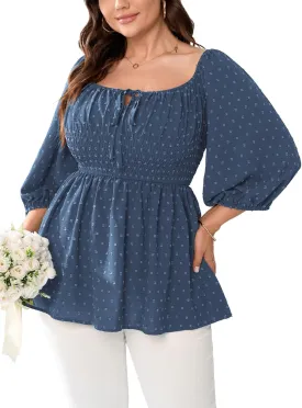 SCOMCHIC Women's Plus Size Blouse Summer Peplum Tops 3/4 Sleeve Square Neck Swiss Dot Casual Blouses Babydoll Top Shirts