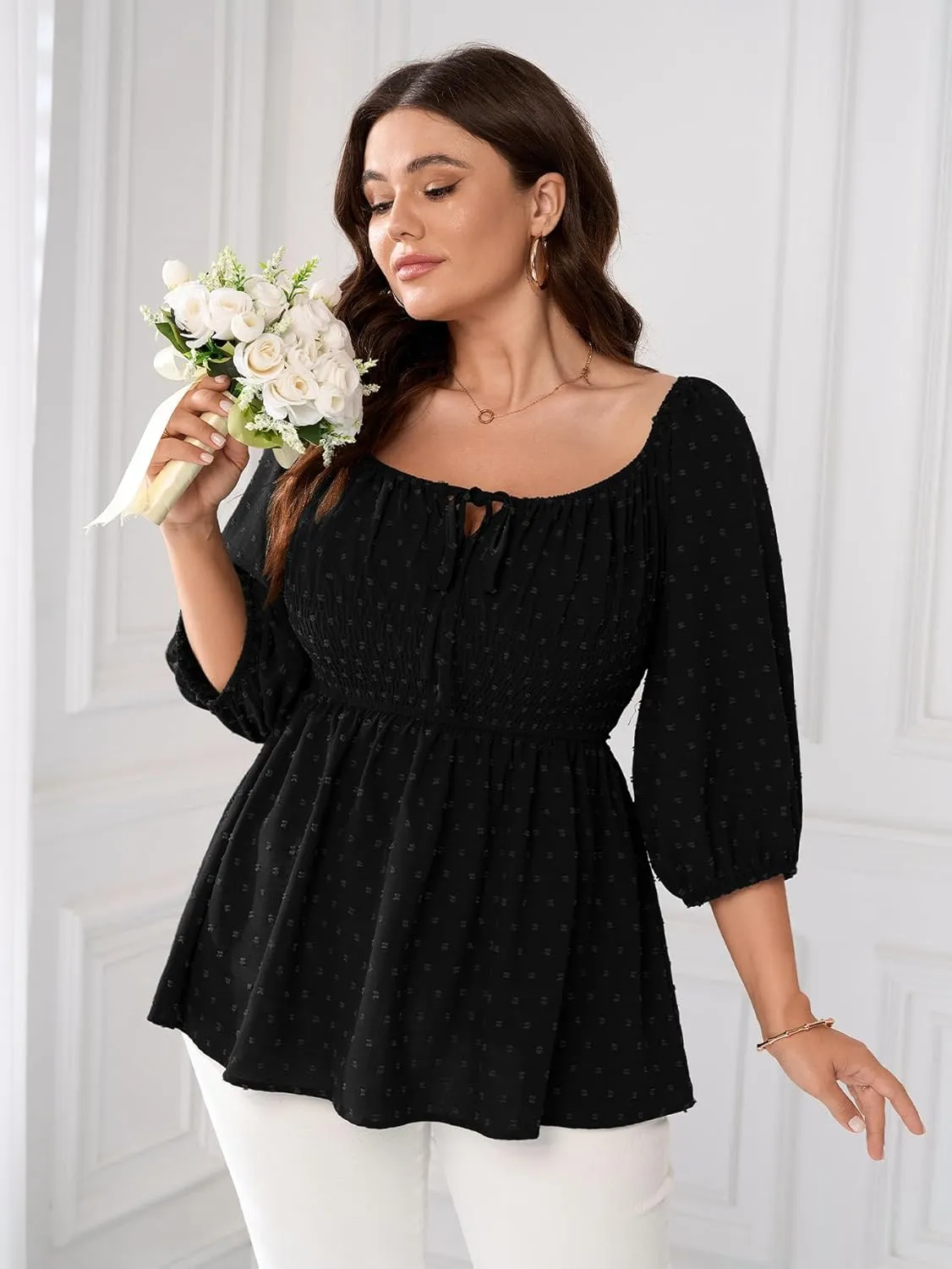 SCOMCHIC Women's Plus Size Blouse Summer Peplum Tops 3/4 Sleeve Square Neck Swiss Dot Casual Blouses Babydoll Top Shirts