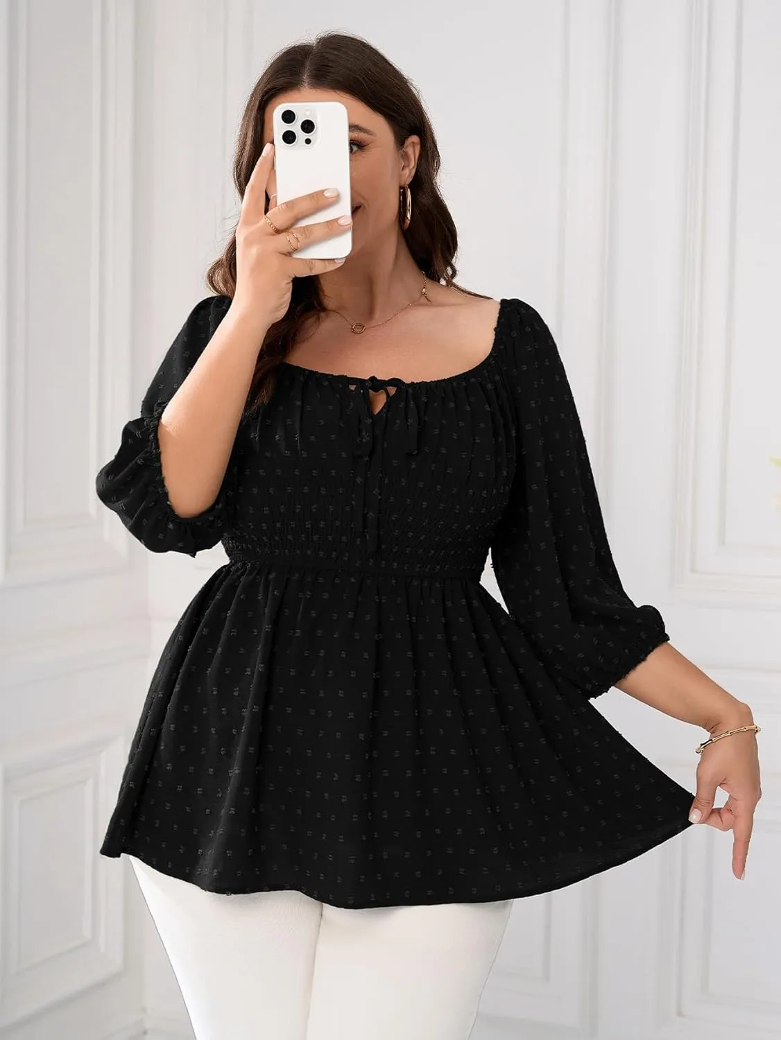 SCOMCHIC Women's Plus Size Blouse Summer Peplum Tops 3/4 Sleeve Square Neck Swiss Dot Casual Blouses Babydoll Top Shirts