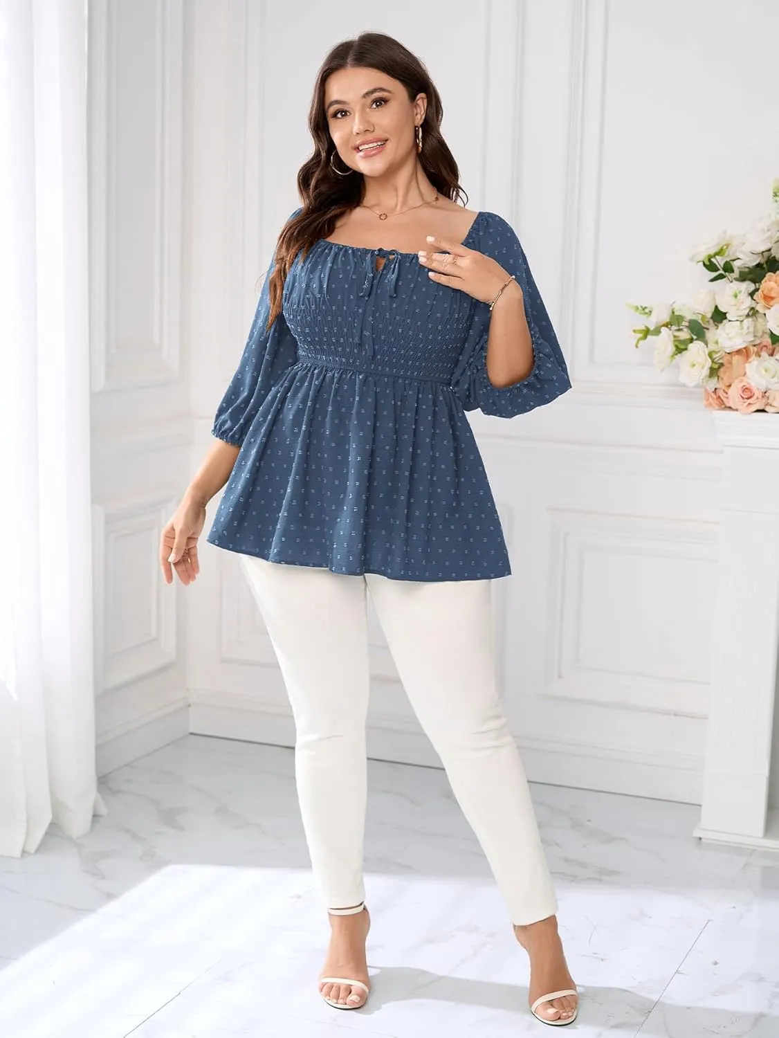 SCOMCHIC Women's Plus Size Blouse Summer Peplum Tops 3/4 Sleeve Square Neck Swiss Dot Casual Blouses Babydoll Top Shirts