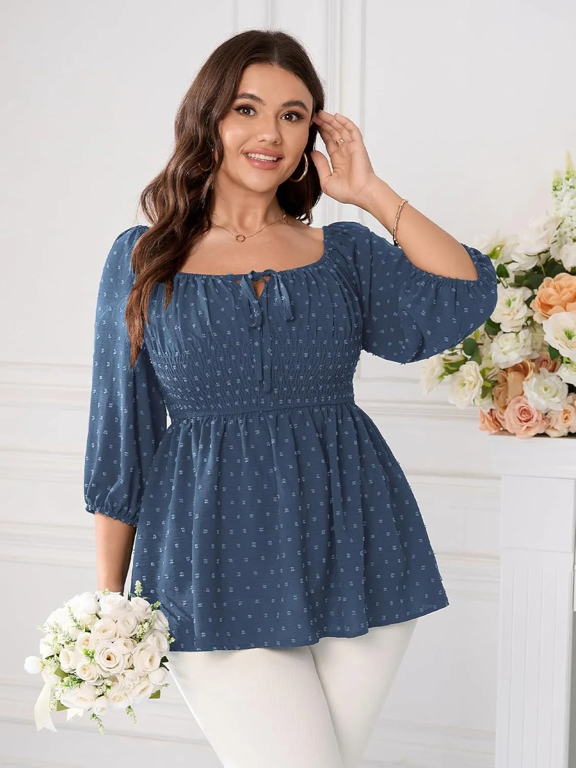 SCOMCHIC Women's Plus Size Blouse Summer Peplum Tops 3/4 Sleeve Square Neck Swiss Dot Casual Blouses Babydoll Top Shirts