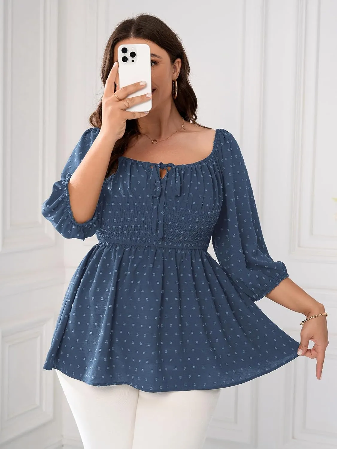 SCOMCHIC Women's Plus Size Blouse Summer Peplum Tops 3/4 Sleeve Square Neck Swiss Dot Casual Blouses Babydoll Top Shirts