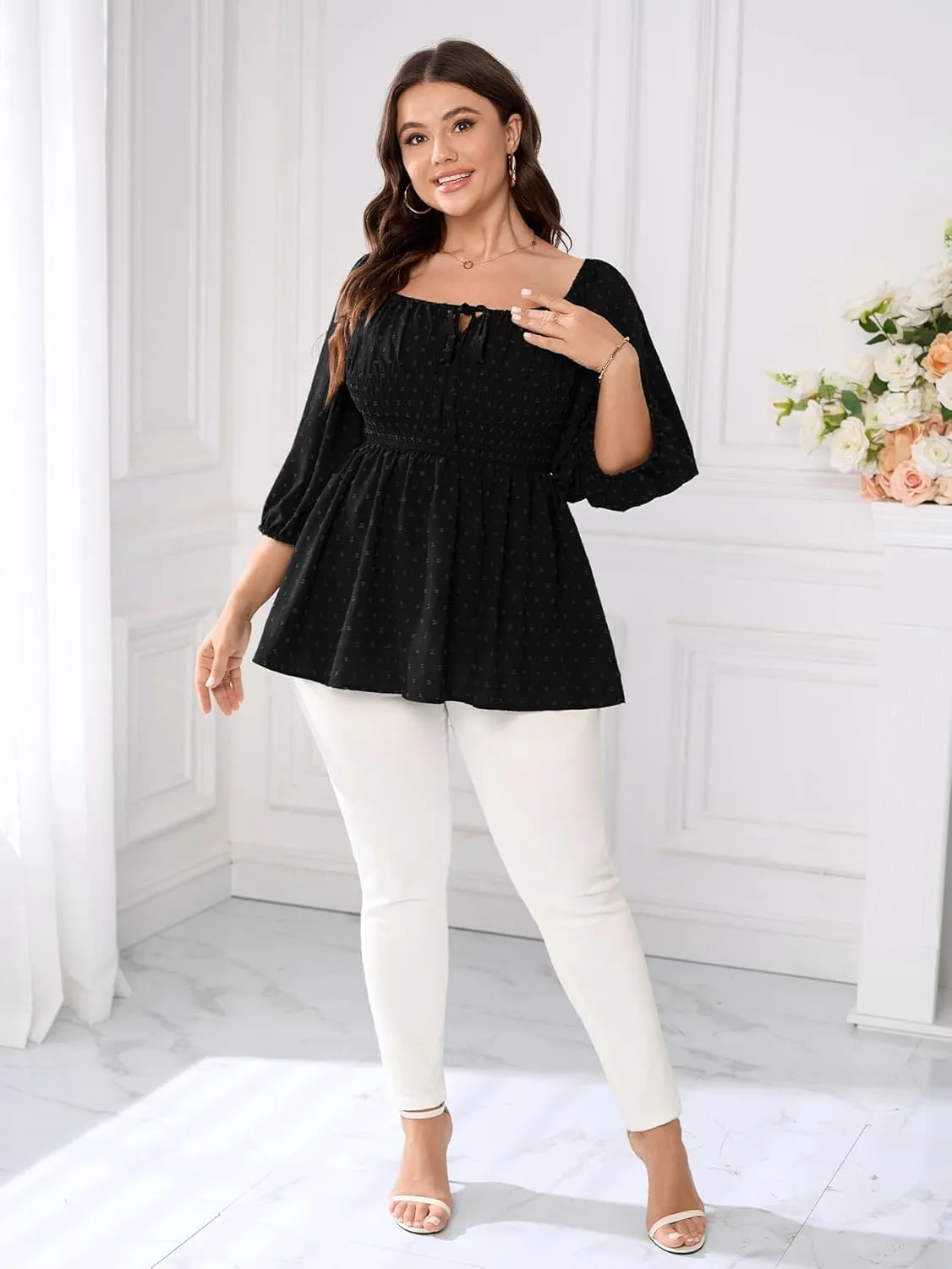 SCOMCHIC Women's Plus Size Blouse Summer Peplum Tops 3/4 Sleeve Square Neck Swiss Dot Casual Blouses Babydoll Top Shirts