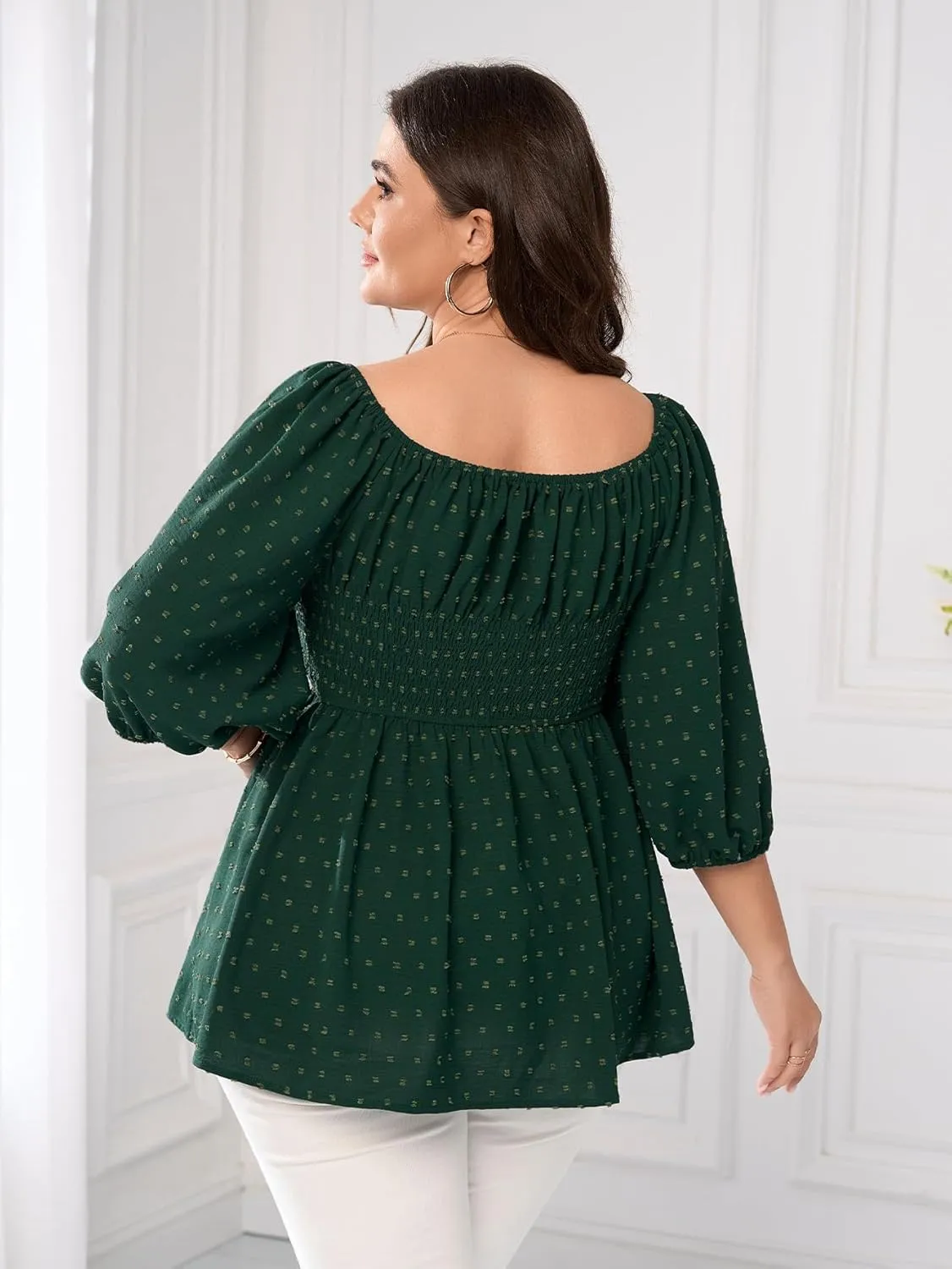 SCOMCHIC Women's Plus Size Blouse Summer Peplum Tops 3/4 Sleeve Square Neck Swiss Dot Casual Blouses Babydoll Top Shirts
