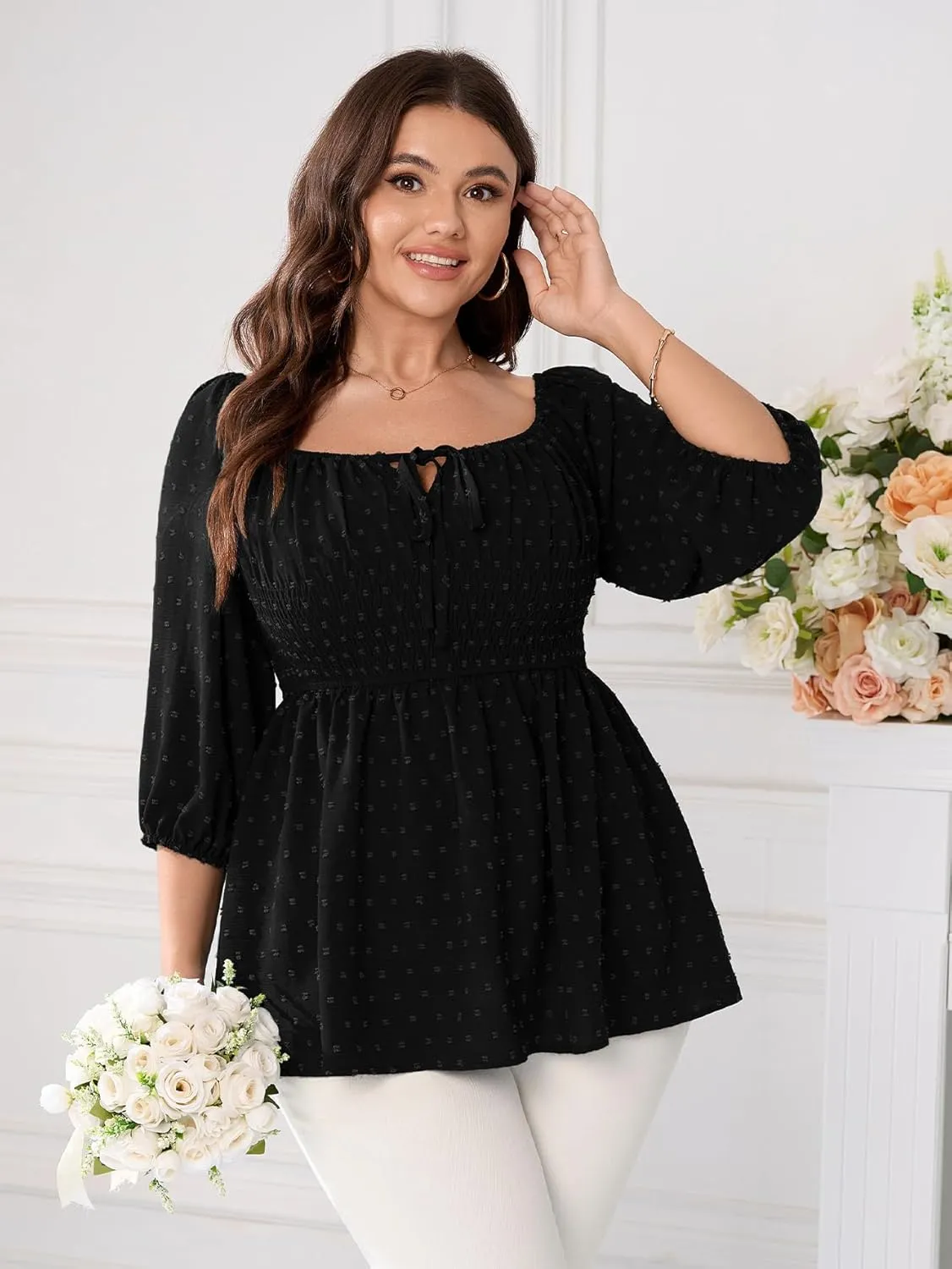 SCOMCHIC Women's Plus Size Blouse Summer Peplum Tops 3/4 Sleeve Square Neck Swiss Dot Casual Blouses Babydoll Top Shirts