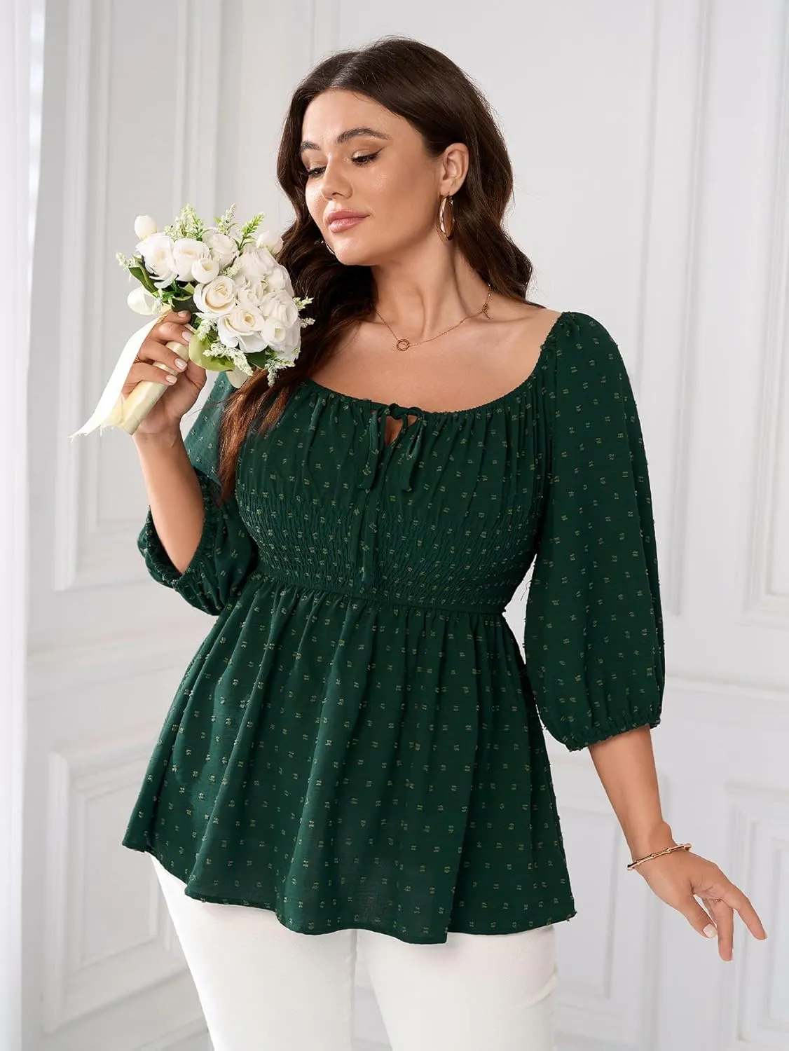 SCOMCHIC Women's Plus Size Blouse Summer Peplum Tops 3/4 Sleeve Square Neck Swiss Dot Casual Blouses Babydoll Top Shirts