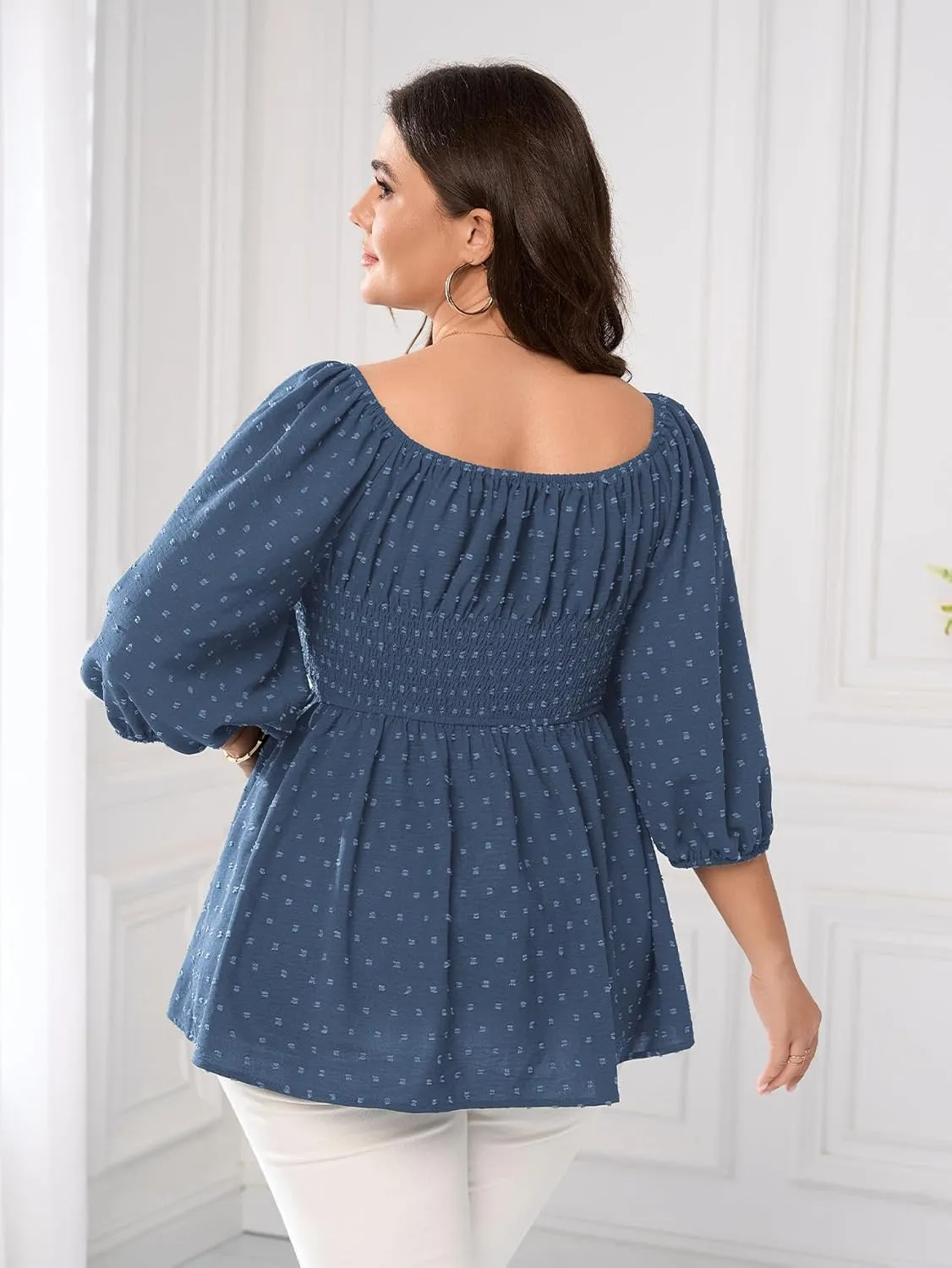 SCOMCHIC Women's Plus Size Blouse Summer Peplum Tops 3/4 Sleeve Square Neck Swiss Dot Casual Blouses Babydoll Top Shirts
