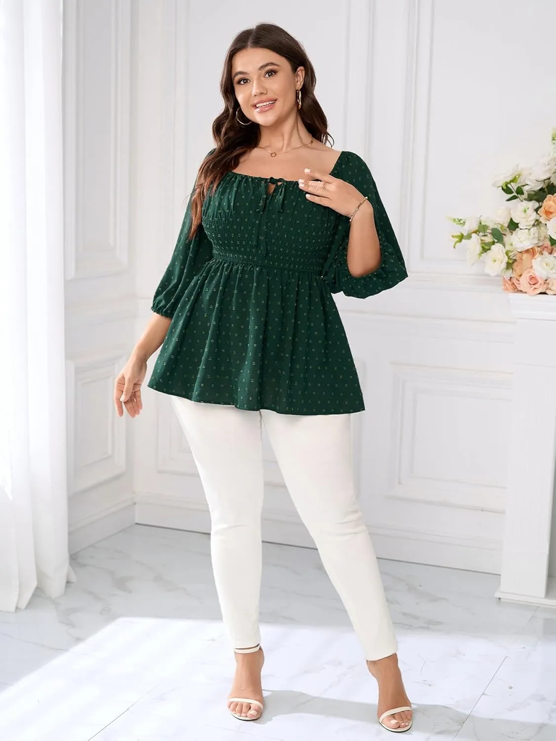 SCOMCHIC Women's Plus Size Blouse Summer Peplum Tops 3/4 Sleeve Square Neck Swiss Dot Casual Blouses Babydoll Top Shirts