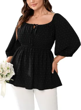 SCOMCHIC Women's Plus Size Blouse Summer Peplum Tops 3/4 Sleeve Square Neck Swiss Dot Casual Blouses Babydoll Top Shirts