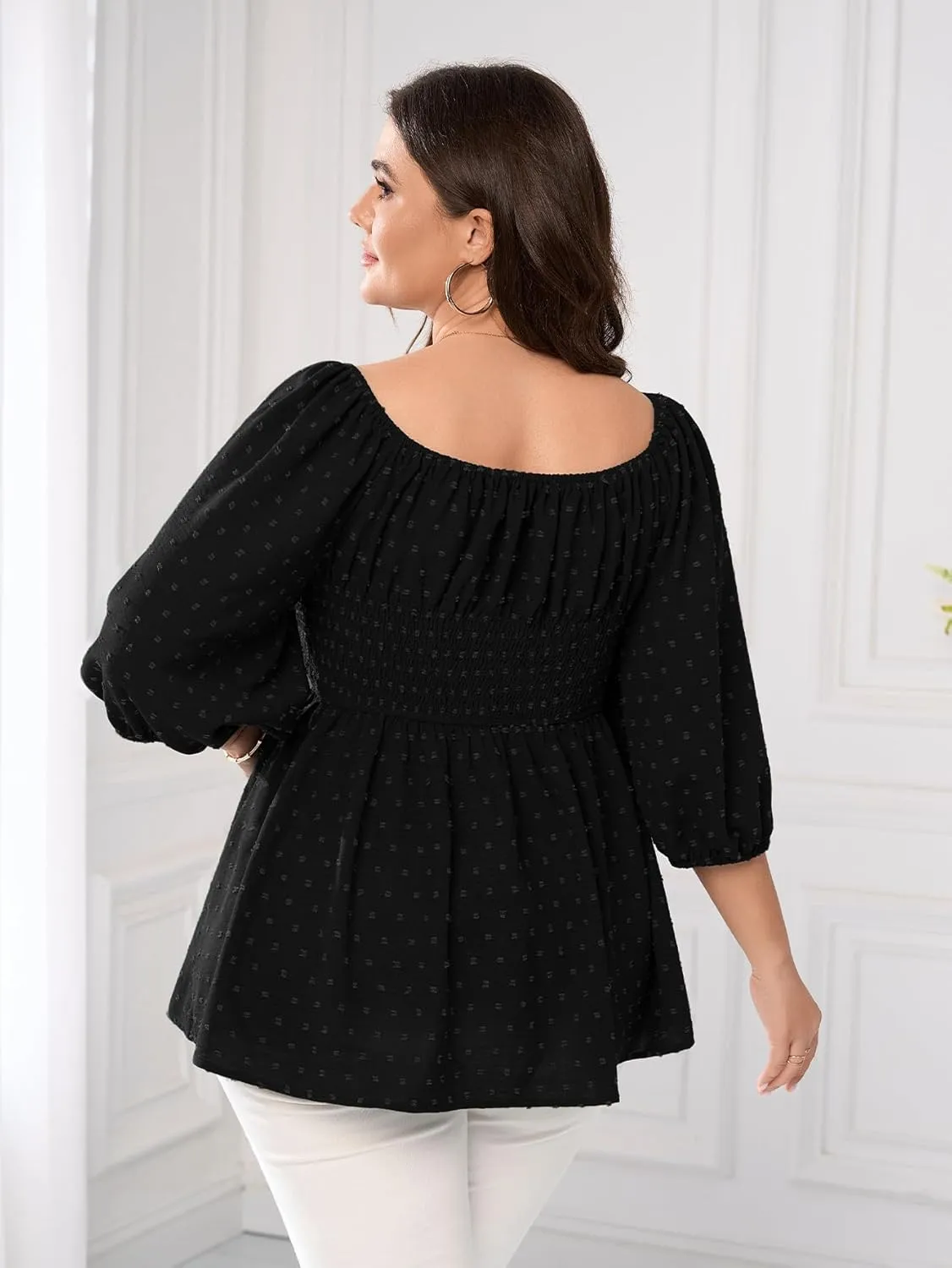SCOMCHIC Women's Plus Size Blouse Summer Peplum Tops 3/4 Sleeve Square Neck Swiss Dot Casual Blouses Babydoll Top Shirts
