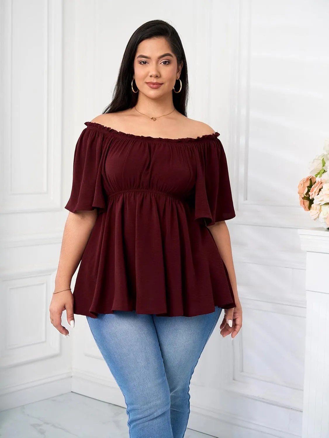 SCOMCHIC Women's Plus Size Blouse Summer Peplum Tops Short Sleeve Square Neck Ruffle Casual Blouses Babydoll Top Shirts