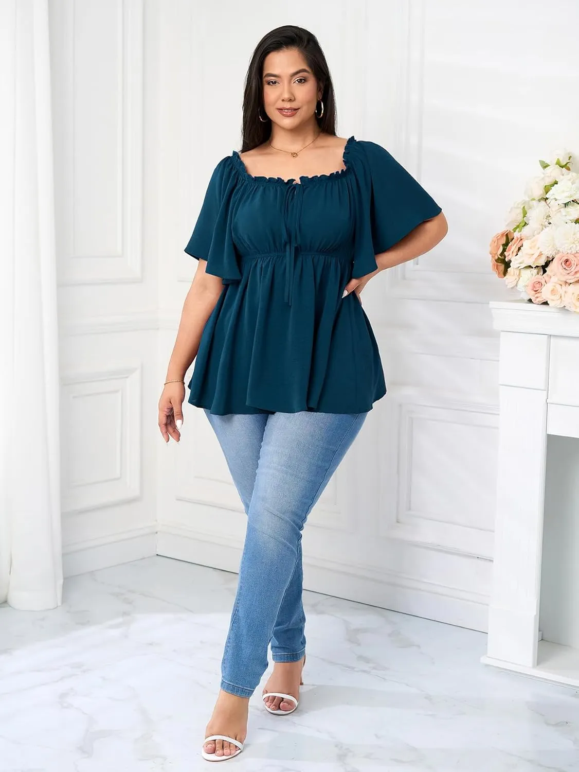 SCOMCHIC Women's Plus Size Blouse Summer Peplum Tops Short Sleeve Square Neck Ruffle Casual Blouses Babydoll Top Shirts