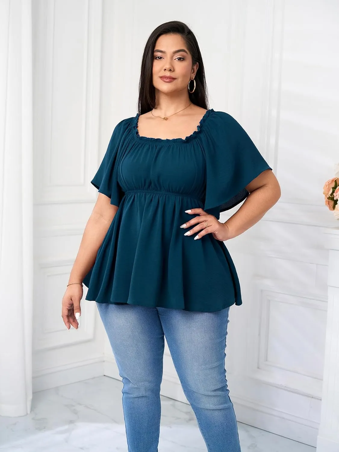 SCOMCHIC Women's Plus Size Blouse Summer Peplum Tops Short Sleeve Square Neck Ruffle Casual Blouses Babydoll Top Shirts