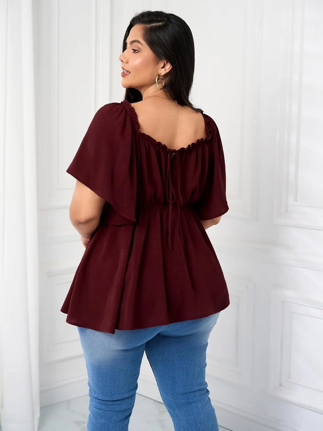 SCOMCHIC Women's Plus Size Blouse Summer Peplum Tops Short Sleeve Square Neck Ruffle Casual Blouses Babydoll Top Shirts
