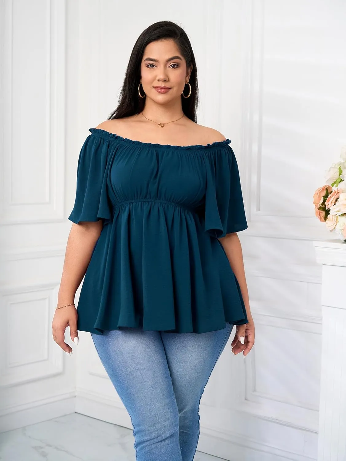 SCOMCHIC Women's Plus Size Blouse Summer Peplum Tops Short Sleeve Square Neck Ruffle Casual Blouses Babydoll Top Shirts