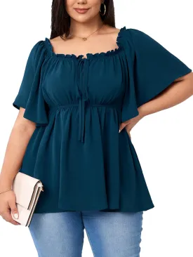 SCOMCHIC Women's Plus Size Blouse Summer Peplum Tops Short Sleeve Square Neck Ruffle Casual Blouses Babydoll Top Shirts
