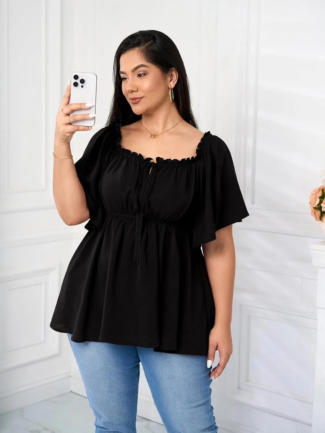 SCOMCHIC Women's Plus Size Blouse Summer Peplum Tops Short Sleeve Square Neck Ruffle Casual Blouses Babydoll Top Shirts