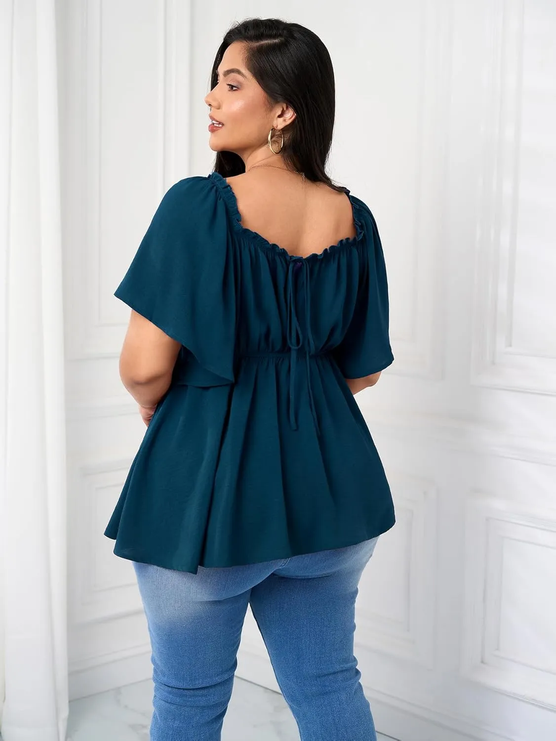 SCOMCHIC Women's Plus Size Blouse Summer Peplum Tops Short Sleeve Square Neck Ruffle Casual Blouses Babydoll Top Shirts