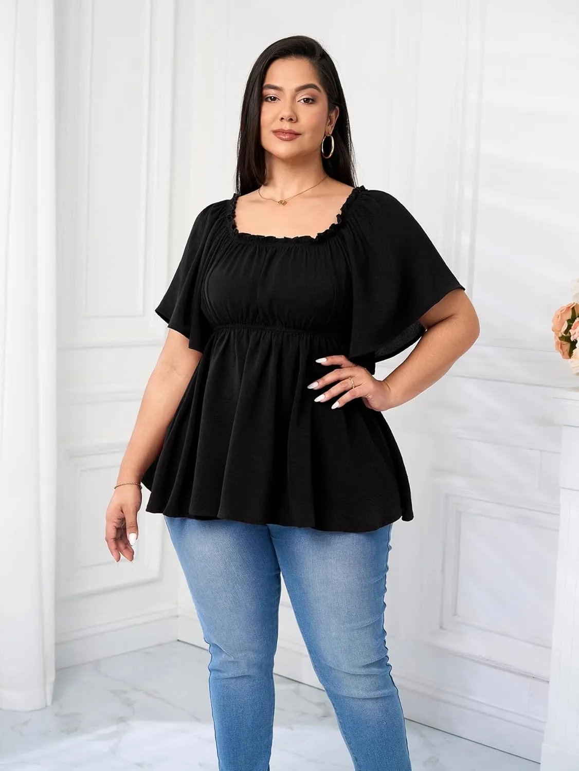 SCOMCHIC Women's Plus Size Blouse Summer Peplum Tops Short Sleeve Square Neck Ruffle Casual Blouses Babydoll Top Shirts