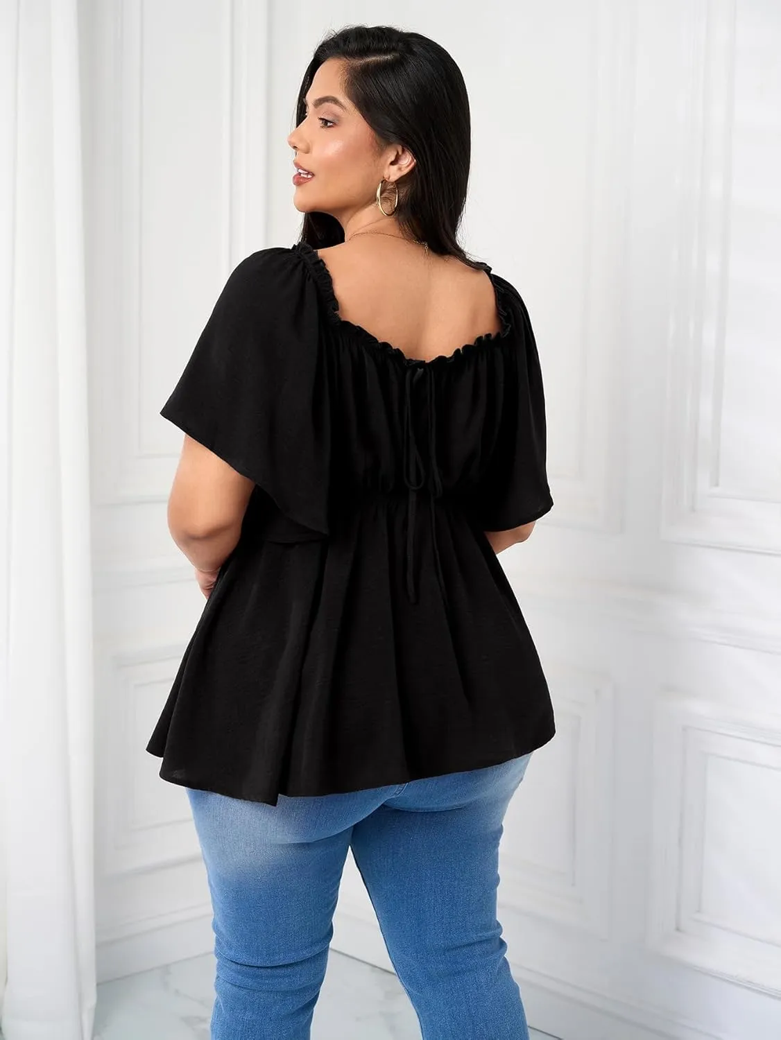 SCOMCHIC Women's Plus Size Blouse Summer Peplum Tops Short Sleeve Square Neck Ruffle Casual Blouses Babydoll Top Shirts